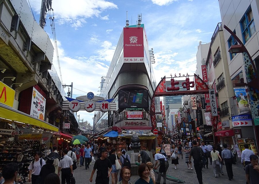 Shops and market stalls along Ameyoko in Ueno, Tokyo